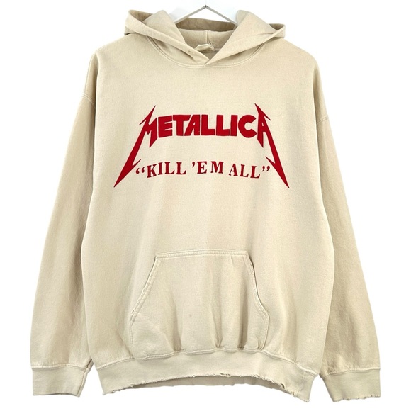 MadeWorn Vintage Cream White Metallica Printed Distressed Collector’s Hoodie - Picture 1 of 7